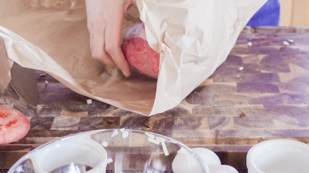 Preparing gourmet burger patties with ground beef.