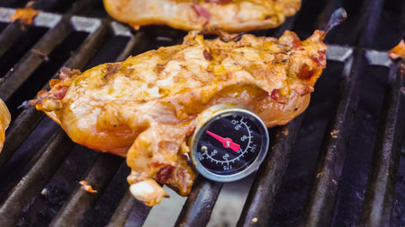 Cooking spicy chicken breasts on gas grill outdoors.