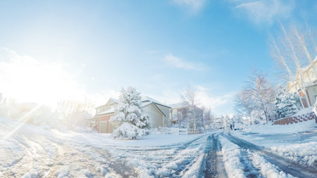 Residential neighborhood after Spring snow storm.の写真素材