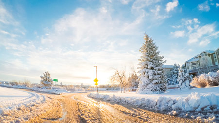 Residential neighborhood after Spring snow storm.の写真素材