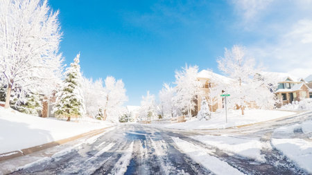 Residential neighborhood after Spring snow storm.