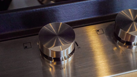 Close up of gas stove in residential kitchen of luxury house.