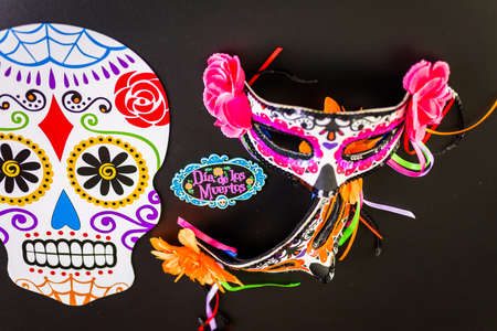 Decorations for traditional Mexican holiday Day of the Dead on a black background.の写真素材