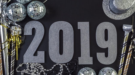 Silver numbers of 2019 Year on a black background.