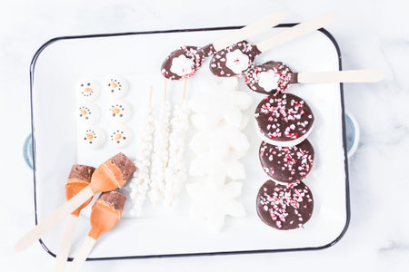 Close up view. Variety of marshmallow toppings with peppermint and chocolate for hot chocolate and...