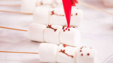 Step by step. Making marshmallow snowman and reindeer on sticks hot chocolate toppers for food gifting.の写真素材