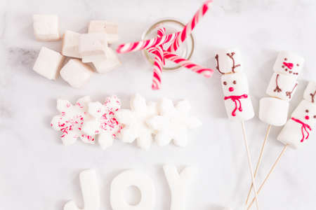 Close up view. Variety of marshmallow toppings with peppermint for hot chocolate and cocoa drinks.の写真素材
