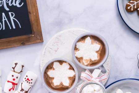 Flat lay. American hot chocolate with marshmallow toppings.