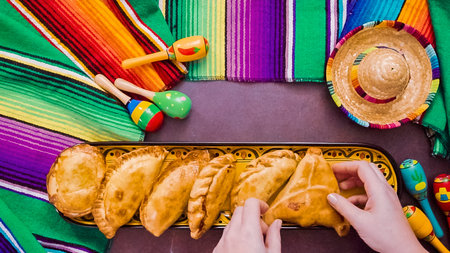 Flat lay. Homemade large empanadas with different staffings.