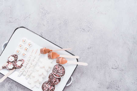 Flat lay. Variety of marshmallow toppings for hot chocolate and cocoa drinks on a white tray.の写真素材