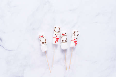 Flat lay. Marshmallow snowmen and raindeer on sticks for hot chocate drink.の写真素材