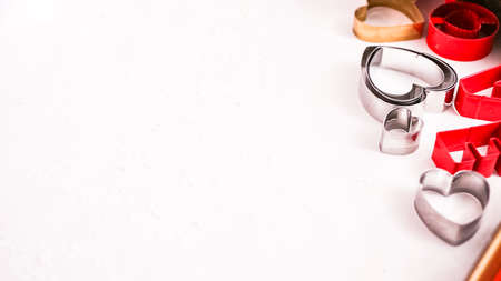 Step by step. Cutting out shapes from sugar cookie dough with cookie cutters.の写真素材