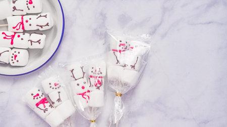 Flat lay. Home made marshmallow snowman and reindeer on stick.