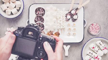 Flat lay. Taking pictures of food with digital camera.