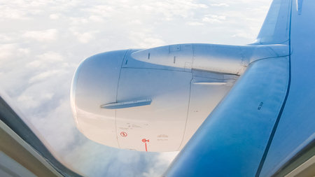 View from the window seat of commercial passenger airplane.