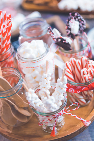Hot chocolate station with variety of topppings.