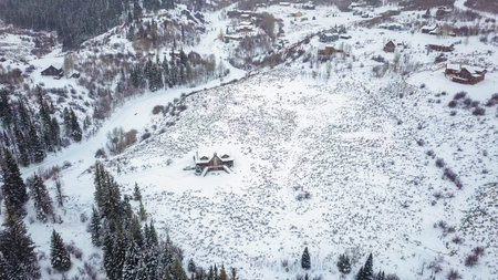 Aerial view of rural mountain community in the Winter.