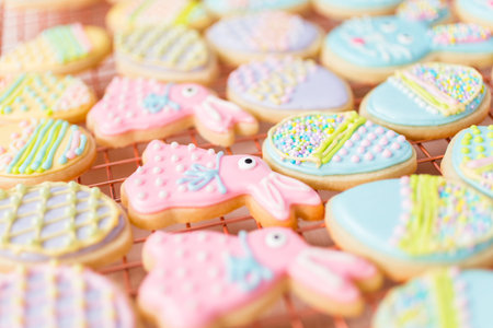 Easter sugar cookies decorated with royal icing of different colors.