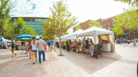 Denver, Colorado, USA-July 22, 2017.  POV point of view - Morning at Farmer's Market near historical Union Station.のeditorial素材