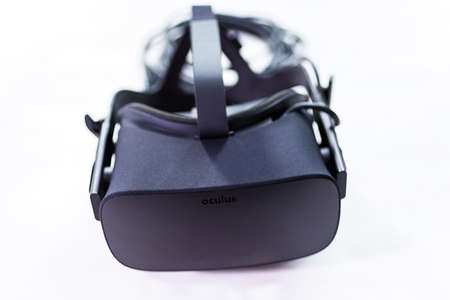 Denver, Colorado, USA-January 20, 2019 - Oculus Rift - touch virtual reality system on a white table.のeditorial素材