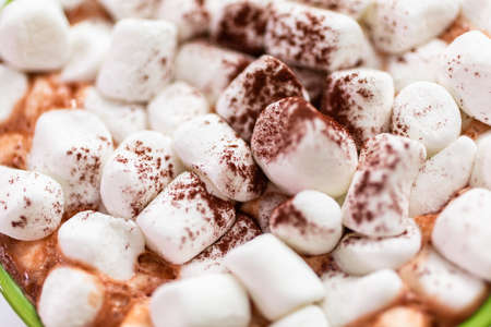 American hot chocolate with marshmallow toppings in large Christmas mug.の写真素材
