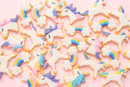 Flat lay. unicorn sugar cookies decorated with royal icing and food glitter on a pink background.