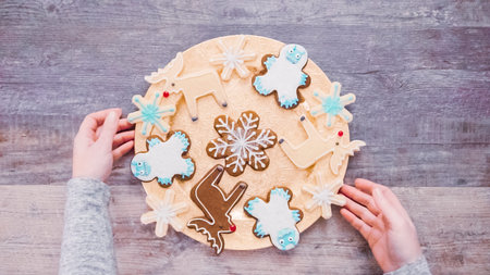 Flat lay. Chritsmas cookies decorates with royal icing.