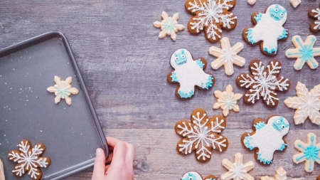 Flat lay. Chritsmas cookies decorates with royal icing.の写真素材