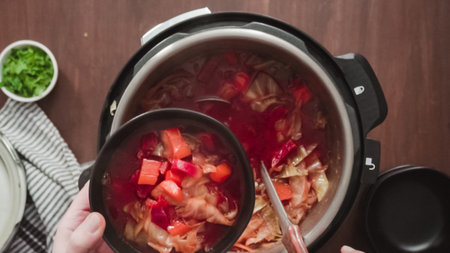 Step by step. Flat lay. Cooking beet soup, borscht with organic vegetables in multicooker.