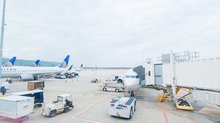 Houston, Texas, USA-January 11, 2019 - Passenger aicrafts parked at the terminal of Houston...