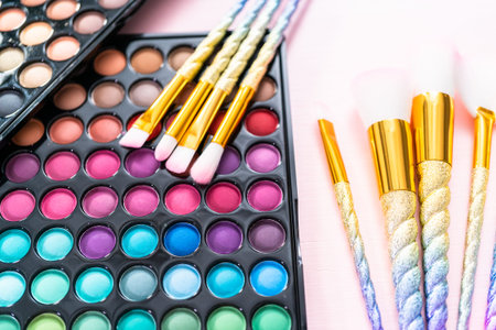 New eyeshadow palette with makeup brushes on a pink background.