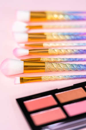 New cosmetics mini palette blush with makeup brushes on a pink background.の写真素材