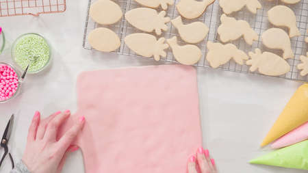 Step by step. Flat lay. Decorating Easter sugar cookies with rotal icing.の写真素材