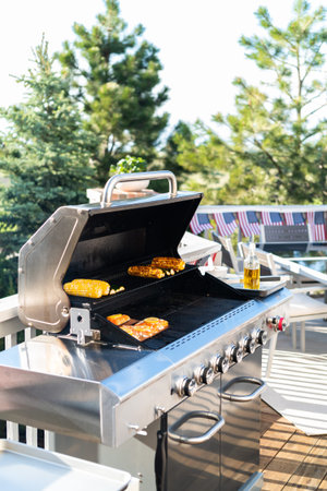 Grilling salmon on a gas burning grill on the backyard patio.