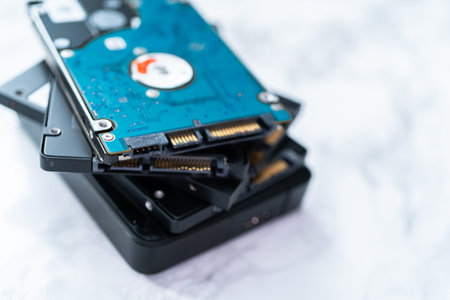 Internal and external solid state hard drives on the table.