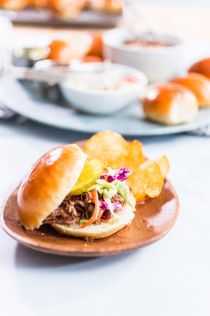 BBQ pulled pork sandwich in shape of small sliders with brioche buns.の写真素材