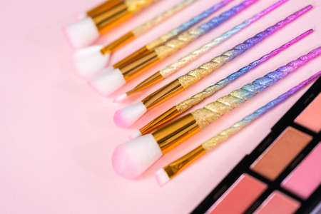New cosmetics mini palette blush with makeup brushes on a pink background.の写真素材