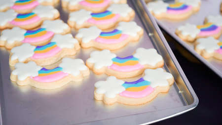 Step by step. Decorating unicorn sugar cookies with royal icing.の写真素材