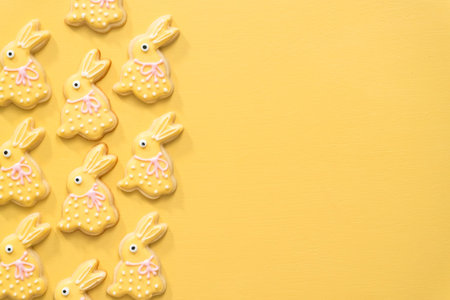 Flat lay. Easter sugar cookies decorated with royal icing of different colors.