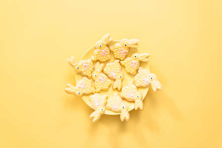 Flat lay. Easter sugar cookies decorated with royal icing of different colors.の写真素材