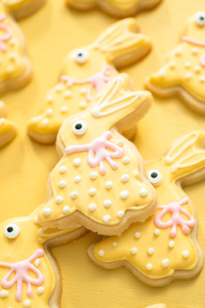 Easter sugar cookies decorated with royal icing of different colors.