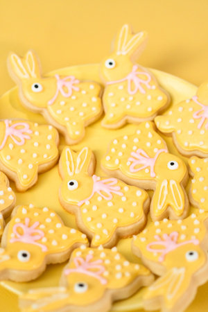 Easter sugar cookies decorated with royal icing of different colors.