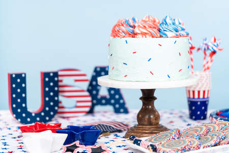 Cake, cookies, and fruit and vegetable snack tray at the July 4th celebration party.の写真素材