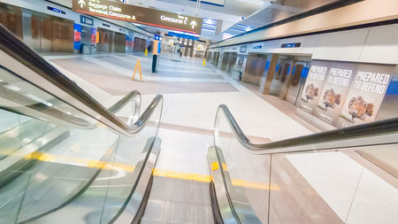Denver, Colorado, USA-January 11, 2019 - Escalators in one of the terminals at Denver International...