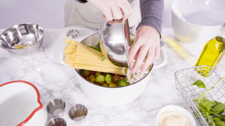 Step by step. Cooking on pot pasta recipe in an enameled cast iron dutch oven.