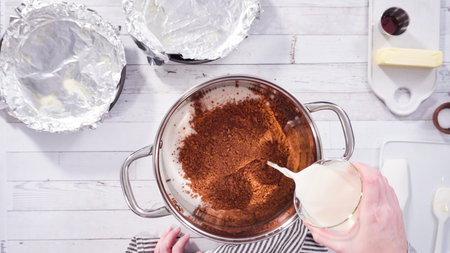 Flat lay. Step by step. Mixing ingredients in the cooking pot to make simple chocolate fudge.
