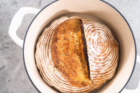 Freshly baked loaf of a wheat sourdough bread with marks from bread proofing basket in enameled cast...