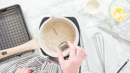 Flat lay. Step by step. Preparing homemade caramel in the cooking pot.