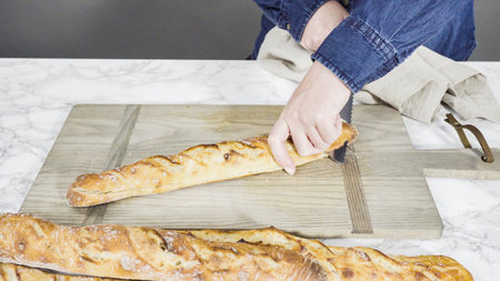 Freshly baked homemade French baguette bread.