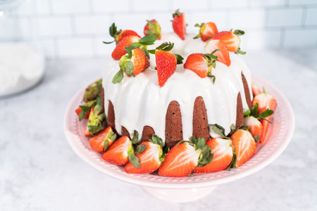 fresh strawberries. Red velvet bundt cake with cream cheese frosting garnished with fresh...